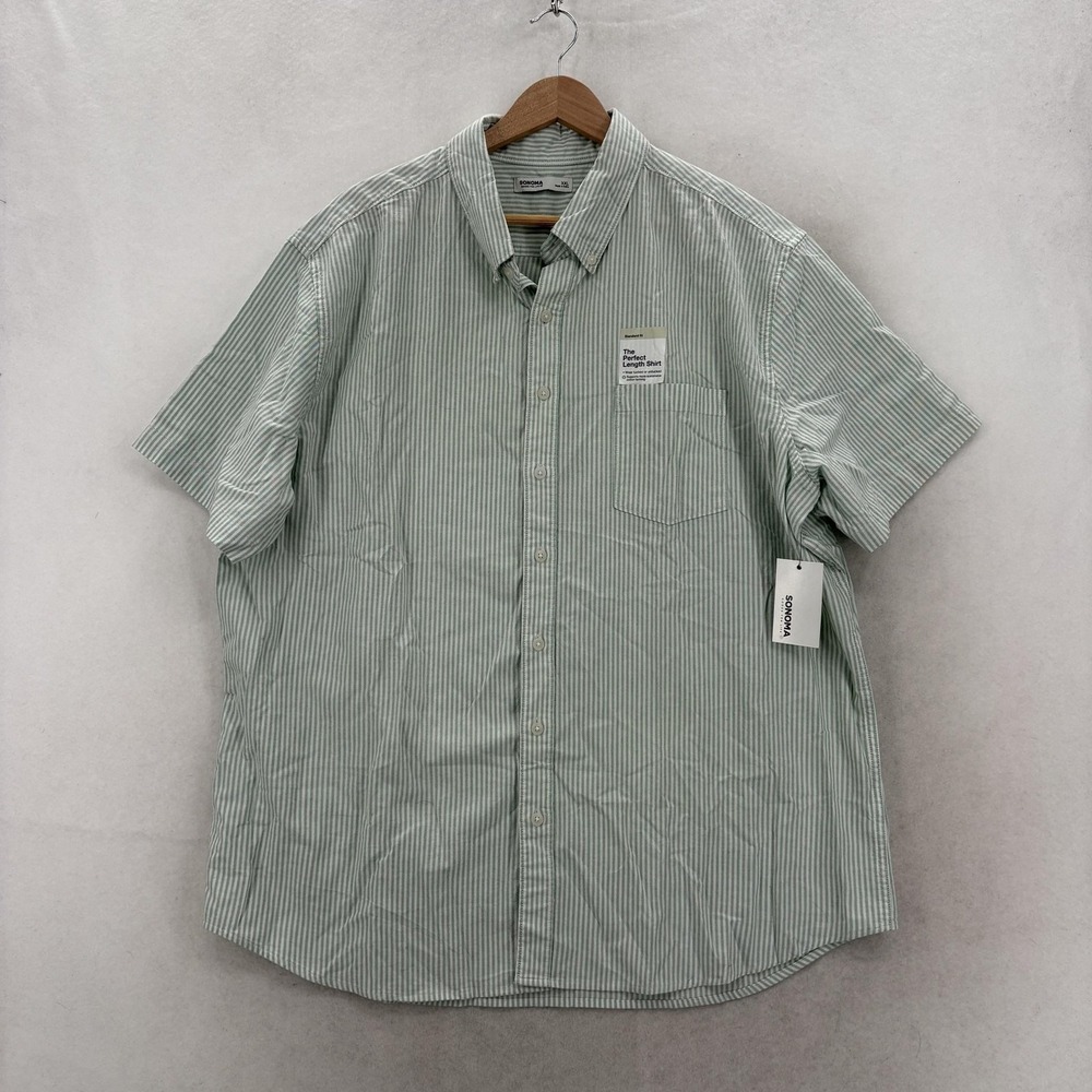 Sonoma The Perfect Length Shirt Mens 2XL Green Stripe Short Sleeve Button Up NWT
